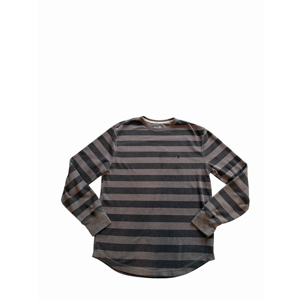 Y2K Volcom Skate Gray And Black Striped Waffle Knit Long Sleeve Shirt Men's XL